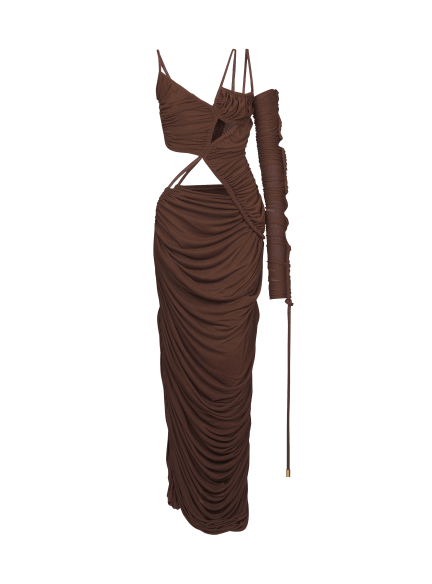 Robe longue asym&eacute;trique en jersey drap&eacute;