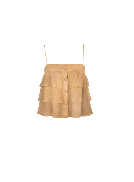 Strappy silk top with tie-dye ruffles