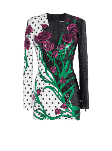 Kurzes Kleid mit Rosen- und Polka Dots-Print