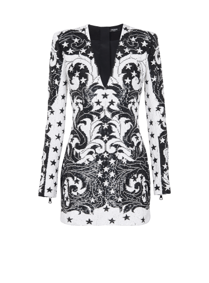 Besticktes Kurzkleid mit Paisley und Sternen