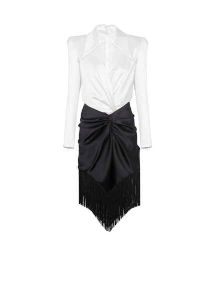Draped and fringed satin tailored dress