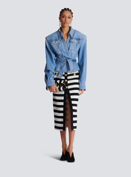 Denim belted crop shirt