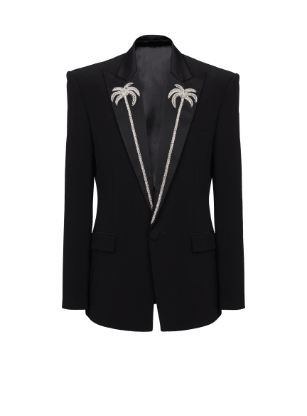 1-button jacket with embroidered palm tree collar