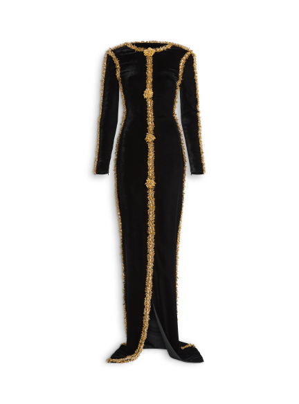 Long velvet dress with embroidered trim