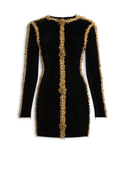 Velvet dress with embroidered trim