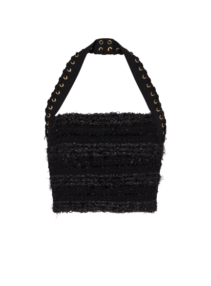 Halterneck top in tweed-effect knit