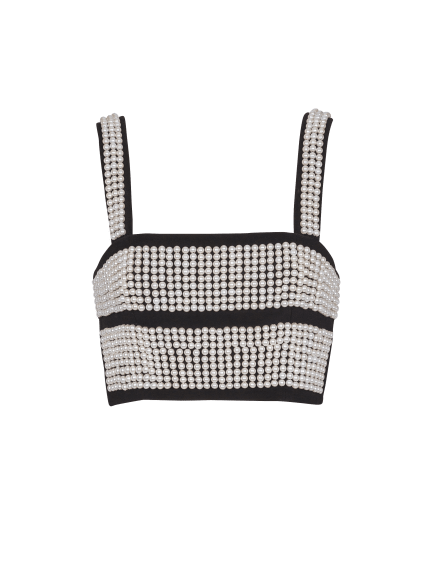 Thin-strap embroidered pearls stripes crop top