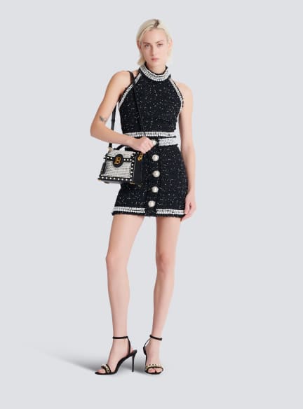 Embroidered polka-dot tweed halterneck top