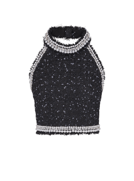 Embroidered polka-dot tweed halterneck top