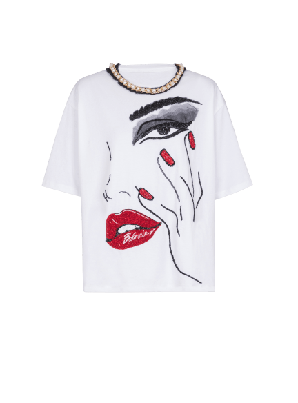 Pearls chains details partial face t-shirt