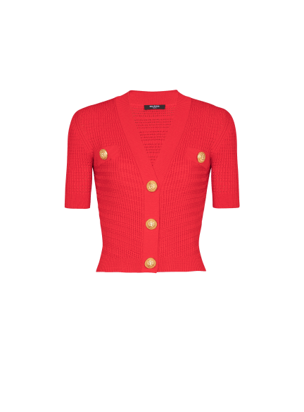 Short-sleeve two pockets buttoned knit crop cardigan