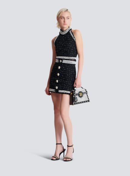 Short embroidered polka-dot tweed skirt