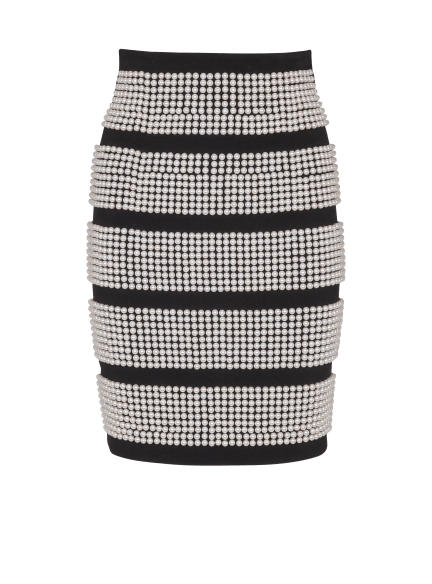 High-waist embroidered pearls stripes mini skirt