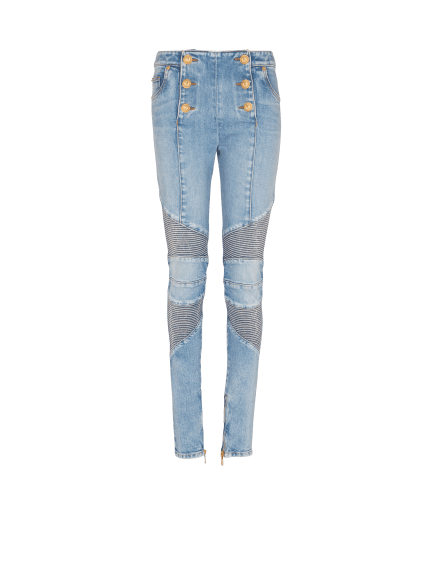 Six-button raw edge denim biker
