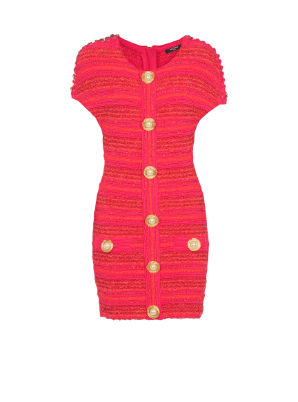 Short-sleeve chains details tweed mini dress