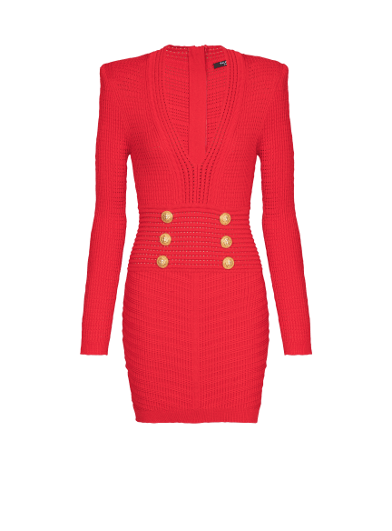 Long-sleeve buttoned v-neck knit mini dress