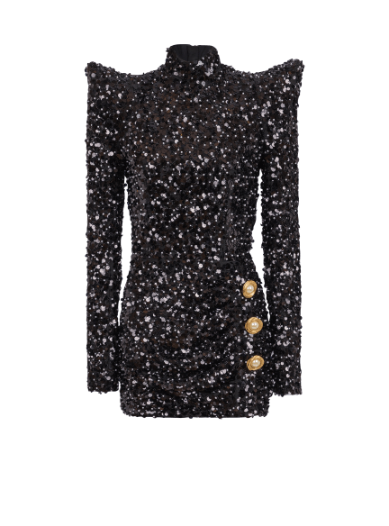 Long-sleeve buttoned pagoda sequins mini dress
