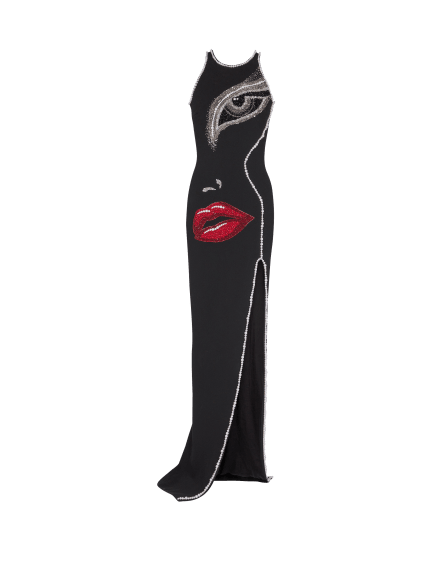Long embroidered dress with Face motif