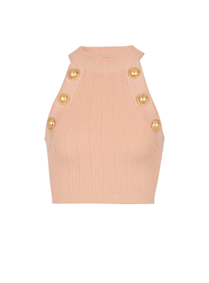 Six-buttons halterneck knit cropped top