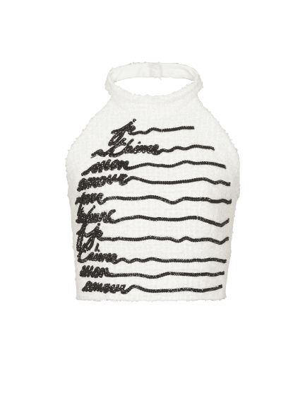 Halterneck love letter embroidered tweed top