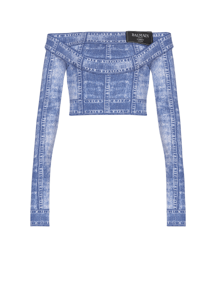 Long-sleeve double col denim trompe-l'œil top