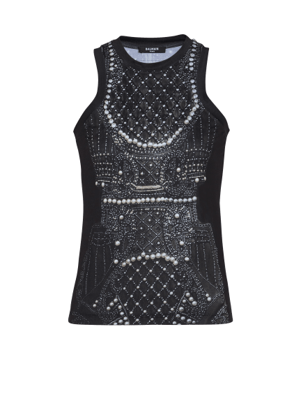 Fließendes Tanktop mit Trompe-l'œil-Stickerei-Print