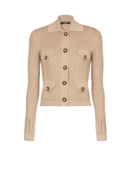 Cropped ribbed knit cardigan with openwork details