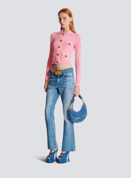 Cropped ribbed knit cardigan with openwork details