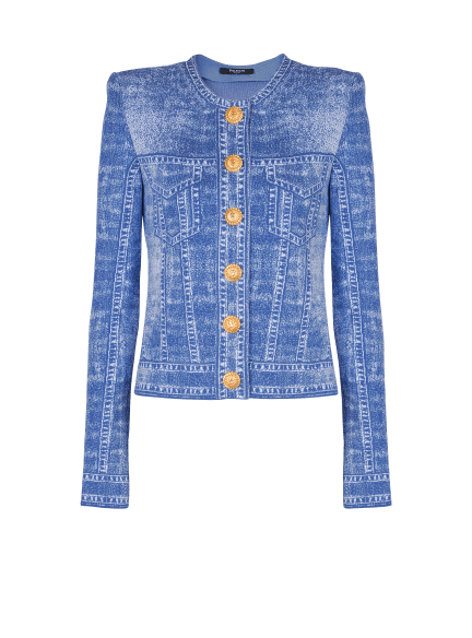 Jacquard knit cardigan with denim effect