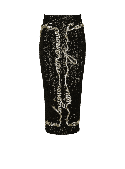 Jupe midi en sequins avec broderie « Lettre d'amour »
