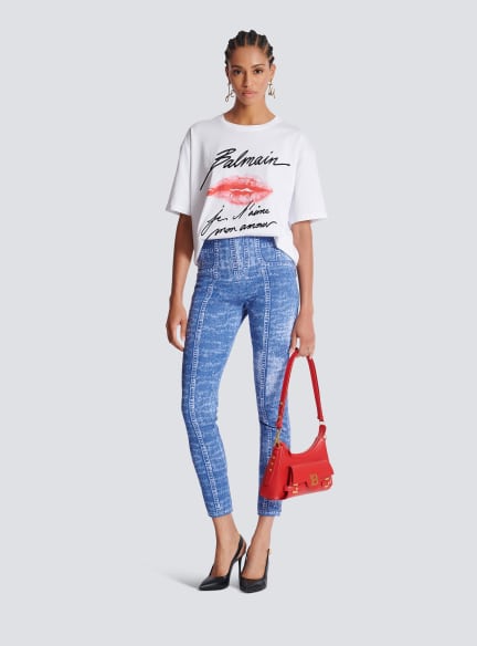 Jacquard knit leggings with denim effect