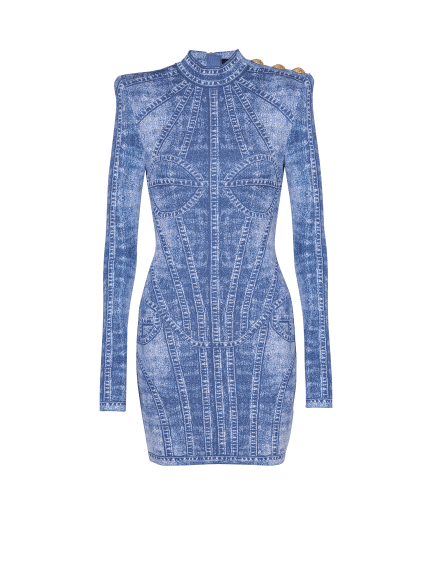 Short jacquard knit dress with denim effect