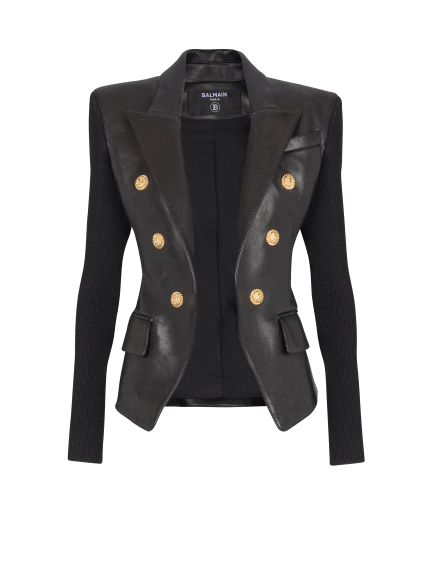 Six-buttons knit lambskin leather jacket