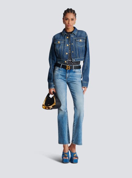 Cropped faded denim jacket