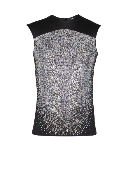Top aus figurbetonendem Jersey mit Galaxy-Motiv aus Strass 