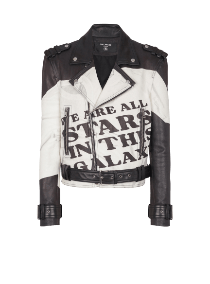 Leather biker jacket with trompe-l'œil T-shirt print