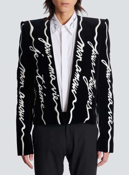 Cropped velvet jacket with all-over "Love Letter" embroidery