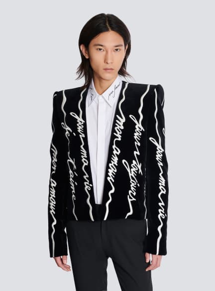 Cropped velvet jacket with all-over "Love Letter" embroidery