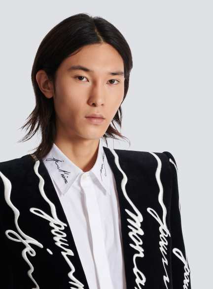 Cropped velvet jacket with all-over "Love Letter" embroidery