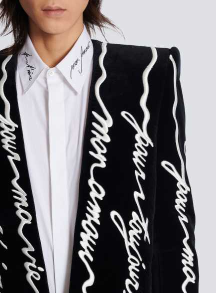 Cropped velvet jacket with all-over "Love Letter" embroidery