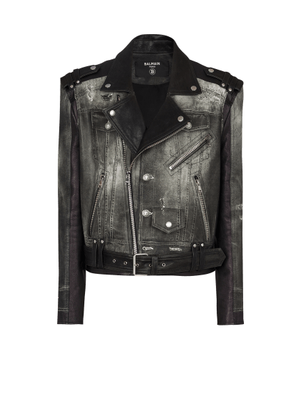Leather biker jacket with denim print
