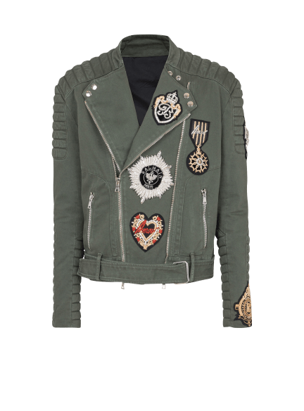 Denim biker jacket with embroidered patches