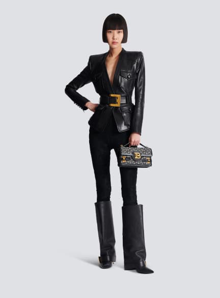 B-Buzz Shoulder 24 bag in calfskin and PB jacquard canvas