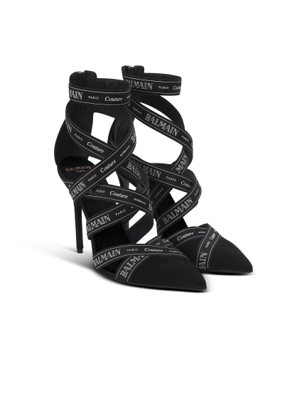 Couture suede heels with Balmain ribbon motif
