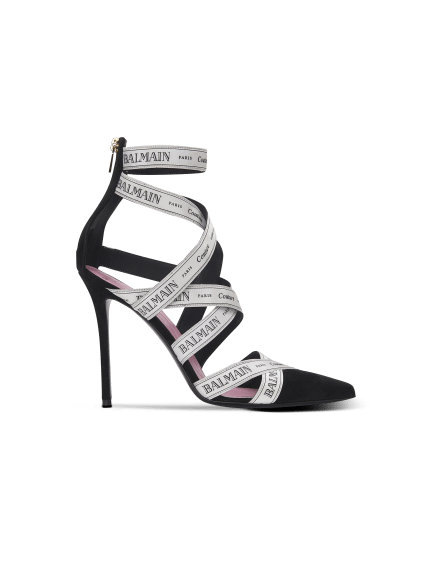 Couture suede heels with Balmain ribbon motif