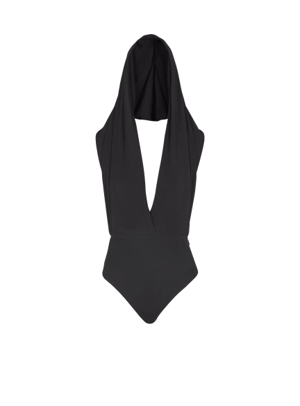 Draped bodysuit with hood