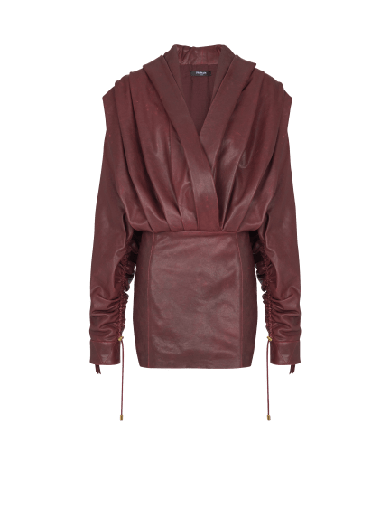 Short hooded dress in washed lambskin 