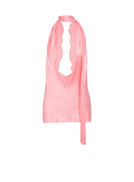 Backless fringed satin top