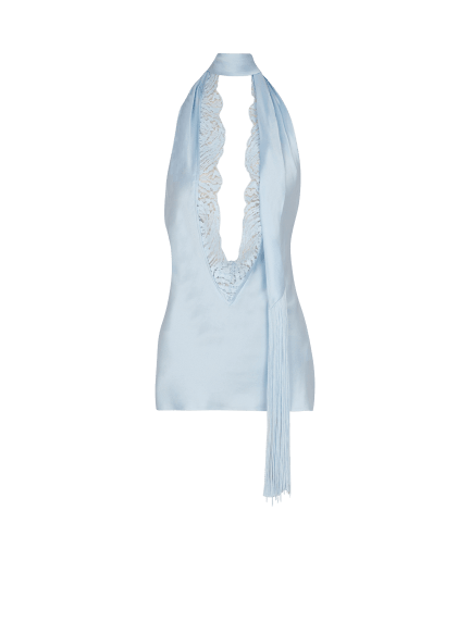 Backless fringed satin top
