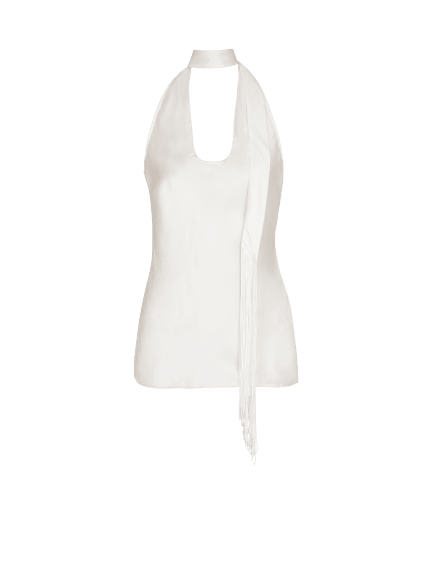 Backless fringed satin top